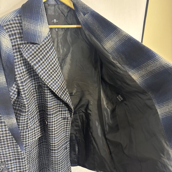7 For All Mankind Women’s M Double Breasted Plaid Blazer Blue Gray Wool Blend - Picture 6 of 8